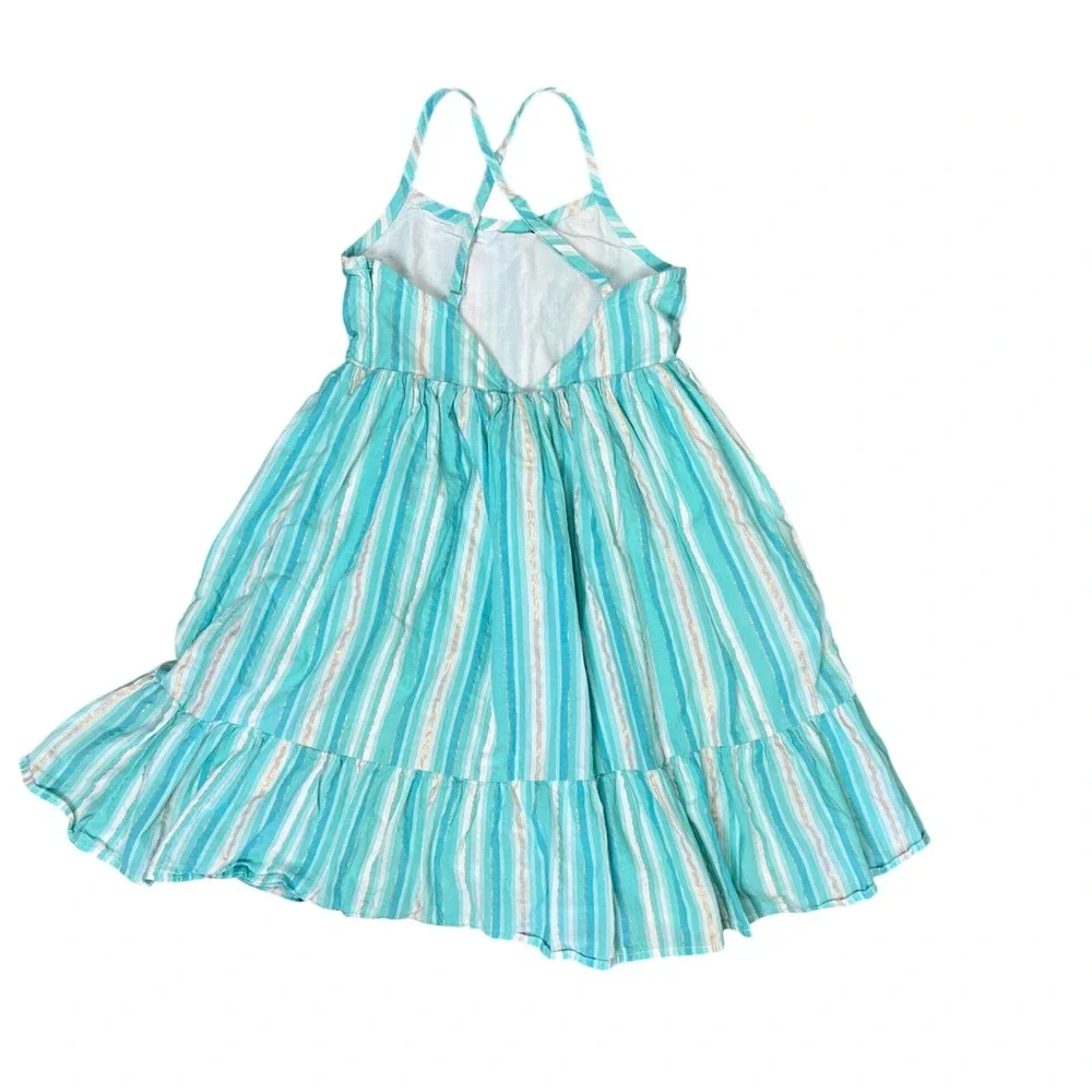 Gap‎ Kids Girls Turquoise Gold Metallic Striped Cross Back Tiered Dress S 6-7